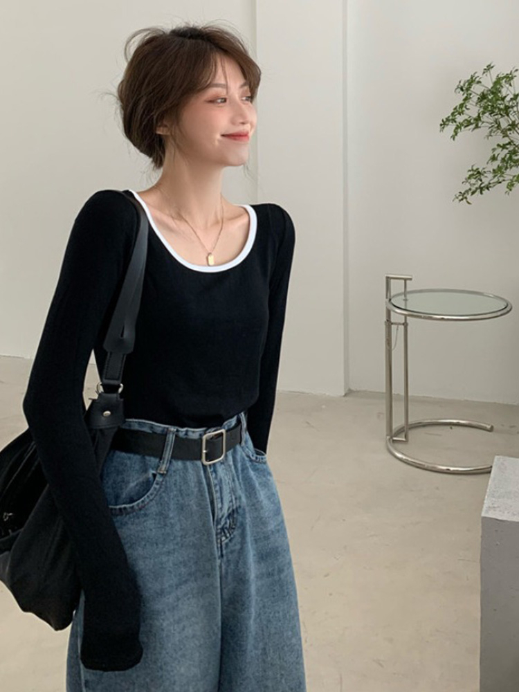 時尚超火修身顯瘦長袖t恤女鎖骨秋裝內搭打底衫甜辣短款上衣ins潮
