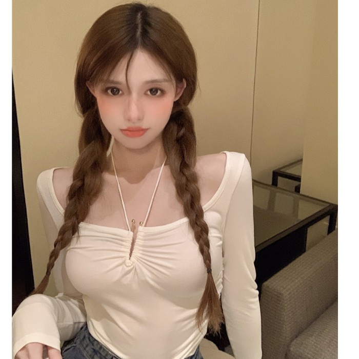 港味甜辣掛脖露鎖骨上衣女小眾設計性感修身長袖T恤打底衫女