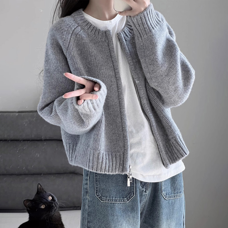 灰色開衫拉鏈毛衣女秋冬2023新款慵懶復古上衣針織衫外套春秋