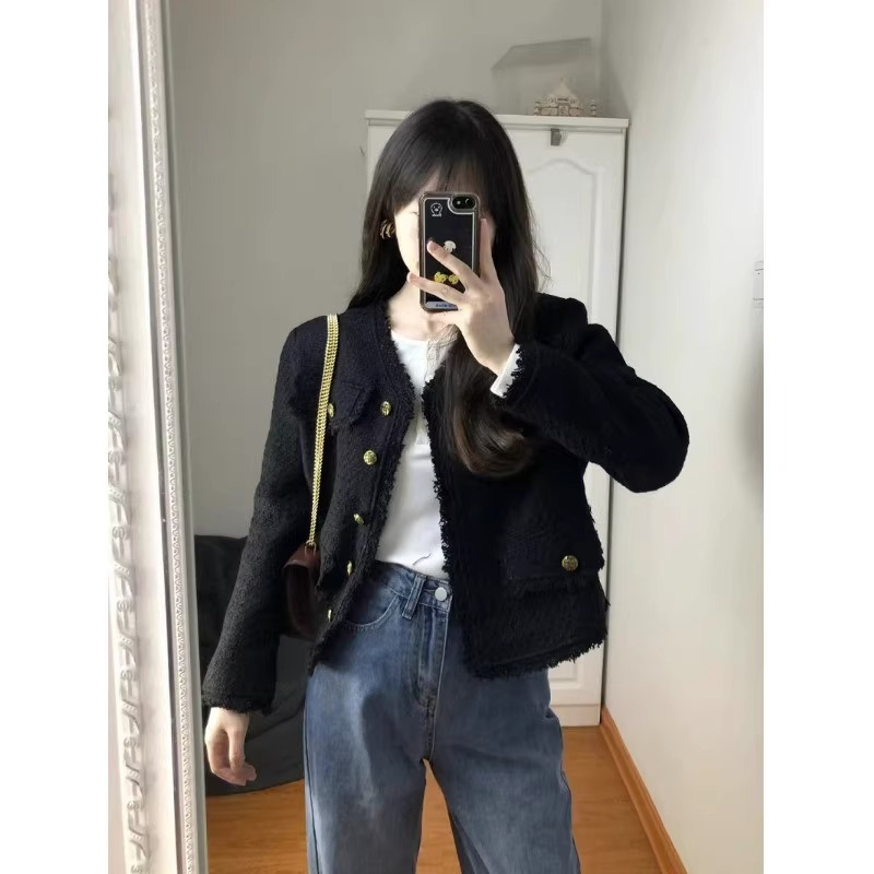 秋冬黑色小香氣質風外套女春秋季設計感小眾高級感短款粗花呢上衣