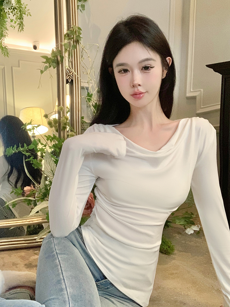 實拍  長袖T恤女設計感小眾修身不規則打底衫上衣