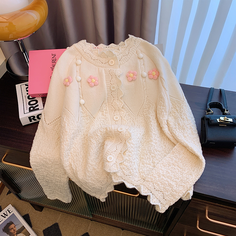 軟糯慵懶風立體毛球短款毛衣外套女秋冬寬鬆顯瘦洋氣針織開衫上衣