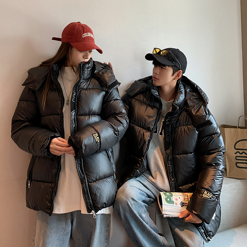 Black gold down jacket women's short oversize cotton coat 2023 winter new loose thickened couple cotton coat