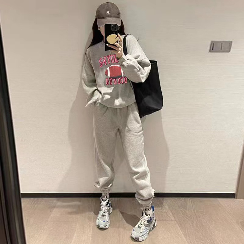 Casual sports suit for women 2023 spring, autumn and winter fashion Internet celebrity street plus velvet European sweatshirt and sweatpants two-piece set