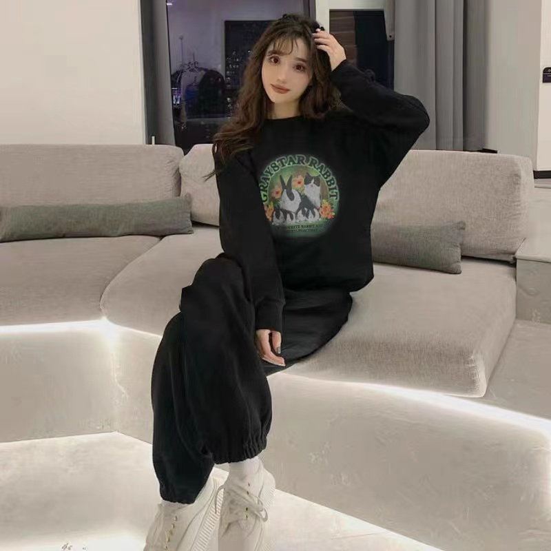 American retro sweatshirt and sweatpants suit for women autumn and winter 2023 new trendy brand plus velvet and thickened sports and leisure two-piece set