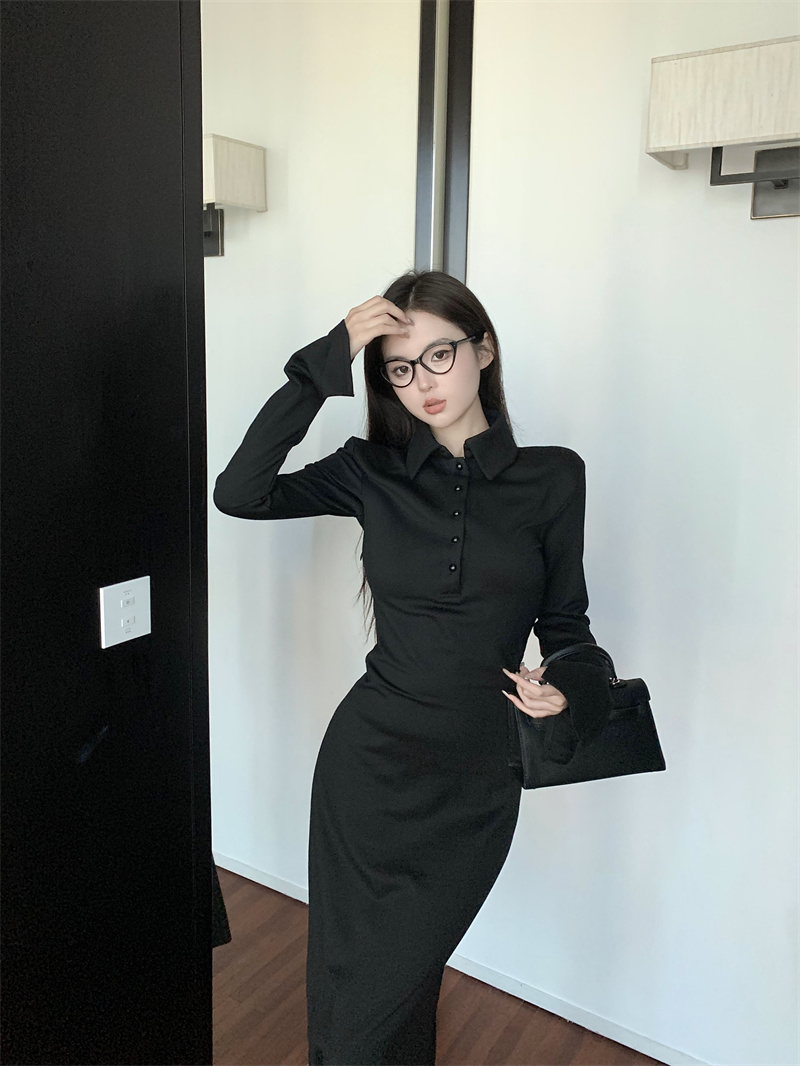 Actual shot of new autumn black French shirt dress with waist slimming long skirt