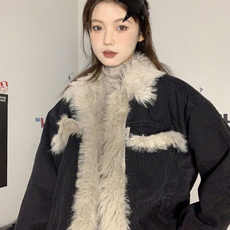 黑色牛仔羊羔毛棉服外套女冬季2023新款潮牌復古寬鬆夾棉加厚棉衣