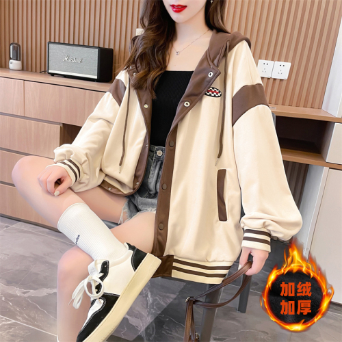 First real shot of Chinese cotton composite shell velvet Korean version loose large size splicing jacket hooded plus velvet sweatshirt for women