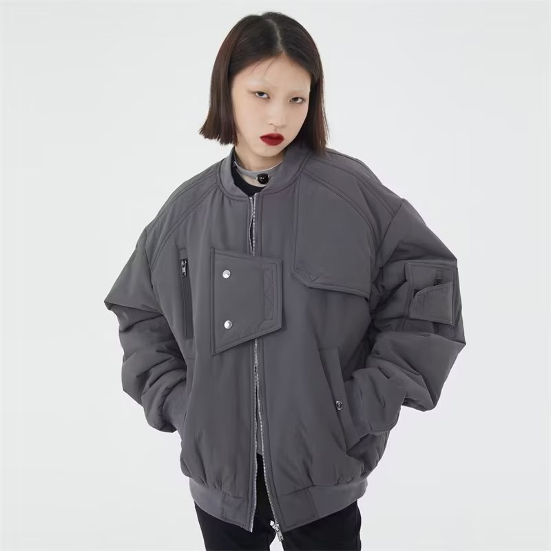 灰色飛行員夾克棉衣男女秋冬季新款衝鋒衣休閒小眾設計感外套情侶