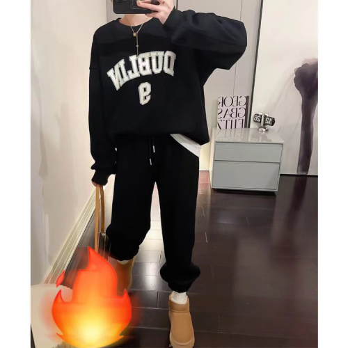 Casual sports suit for women spring and autumn 2023 new fashionable style plus velvet round neck sweatshirt and leggings pants two-piece set