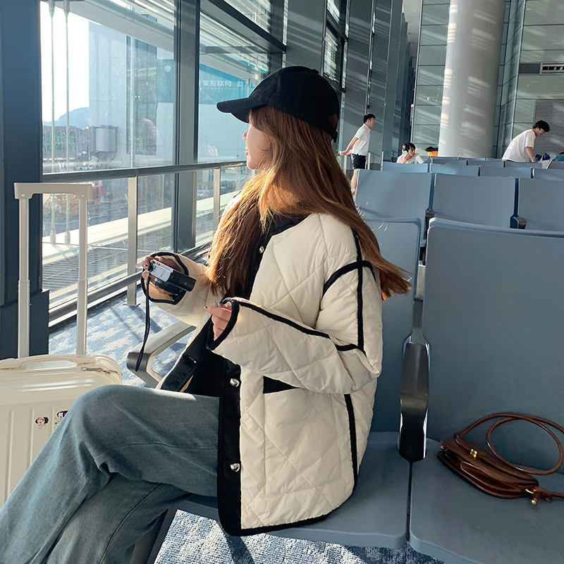 韓版時尚秋冬小個子外套格紋寬鬆小香風輕薄羽絨棉服女短款