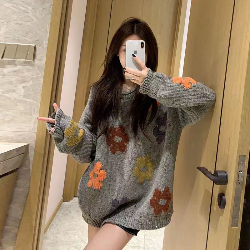 復古圓領印花毛衣女秋冬新款美式oversize慵懶內穿外搭針織上衣潮