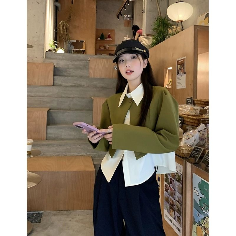 短款疊穿設計感長袖西裝外套內搭翻領襯衫女秋季2023新款時尚套裝