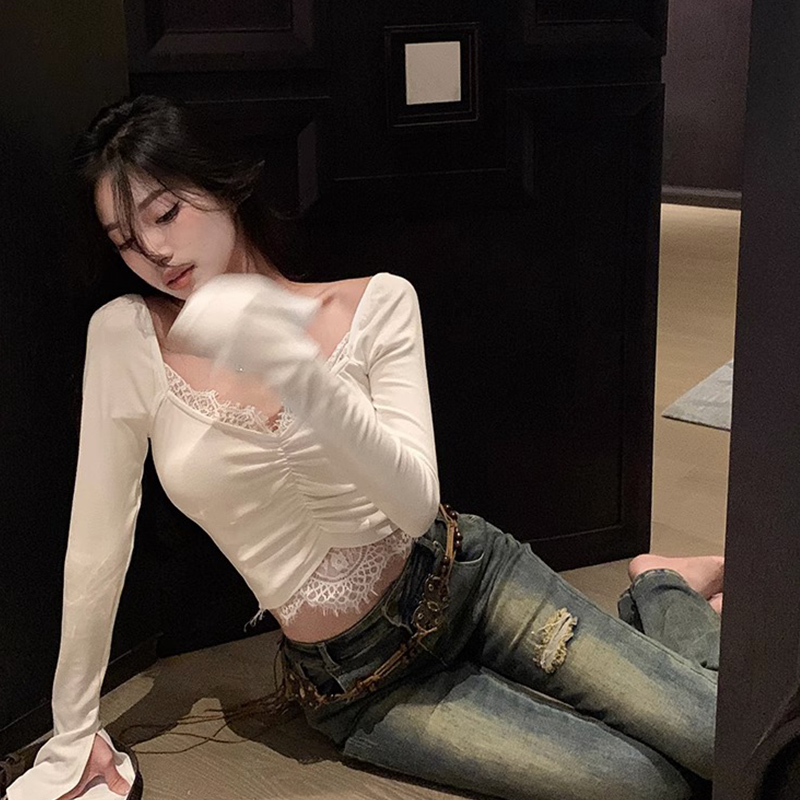 純欲風長袖打底衫T恤女秋冬辣妹性感蕾絲拼接短款上衣