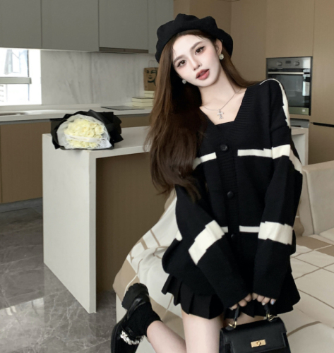 Real shot Korean style irregular design pattern sweater knitted cardigan jacket for women