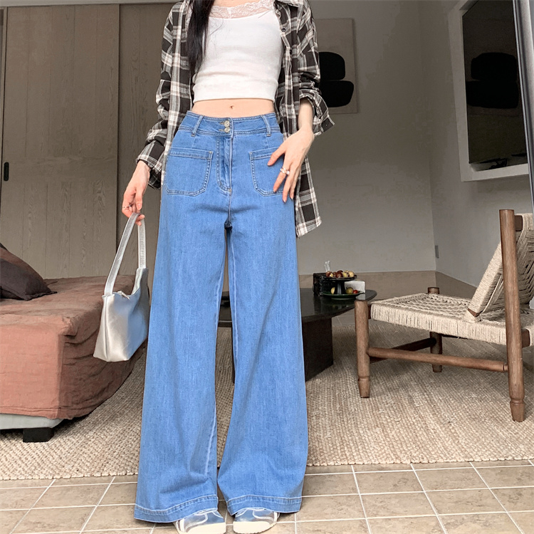 實拍2023秋季時尚兩粒扣口袋設計感牛仔褲女
