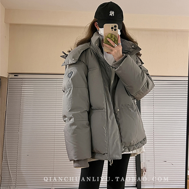 灰色愛心短款羽絨棉服23年新款男女情侶加厚小眾設計感麵包冬外套