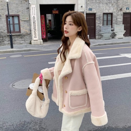High-end fur one-piece lamb plush coat for women winter  new style small plus velvet thickened short cotton coat