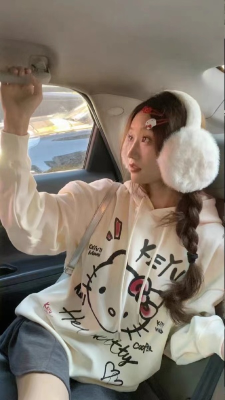 日系奶甜vintage凱蒂貓奶黃色純棉連帽衛衣女秋冬vibe甜妹上衣潮