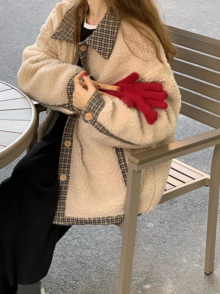 實拍三標齊格子拼接羊羔毛保暖外套女
