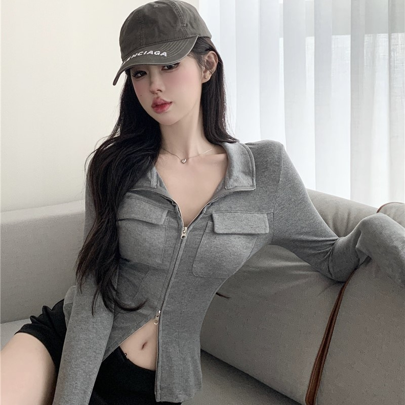 灰色立領雙拉鏈外套女2023春季設計感高級修身顯瘦開衫短款上衣潮