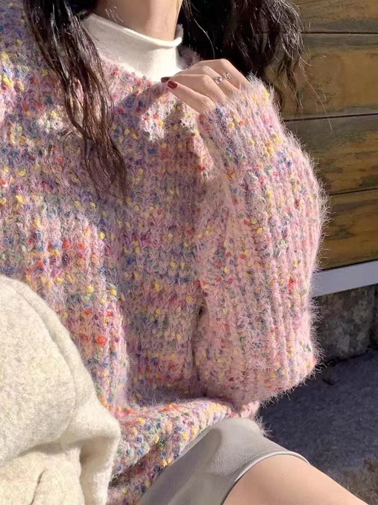 超好看設計感彩虹點點套頭針織毛衣女秋冬韓系寬鬆長袖圓領上衣