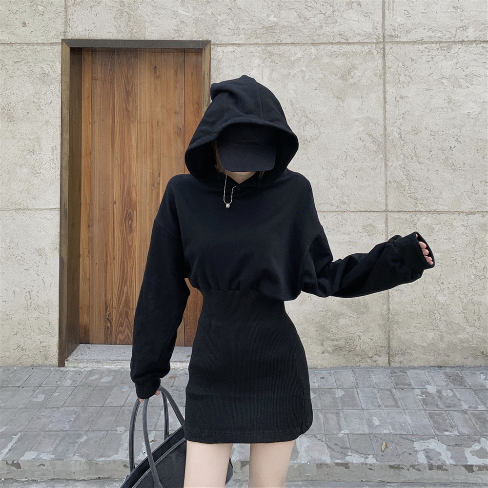 Real shot~Autumn and winter new solid color hooded sweatshirt dress with waist and stylish long-sleeved butt-covering dress