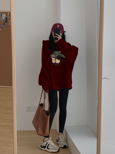 Velvet hooded sweatshirt women's  autumn and winter new style burgundy hiphop loose lazy style top