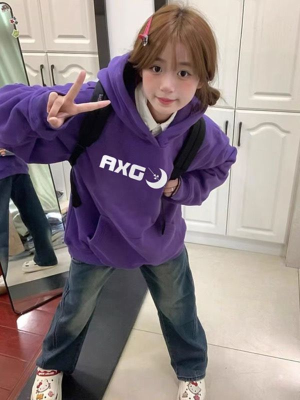 2023新款多巴胺穿搭加絨加厚連帽衛衣秋冬季深紫色美式高街上衣女