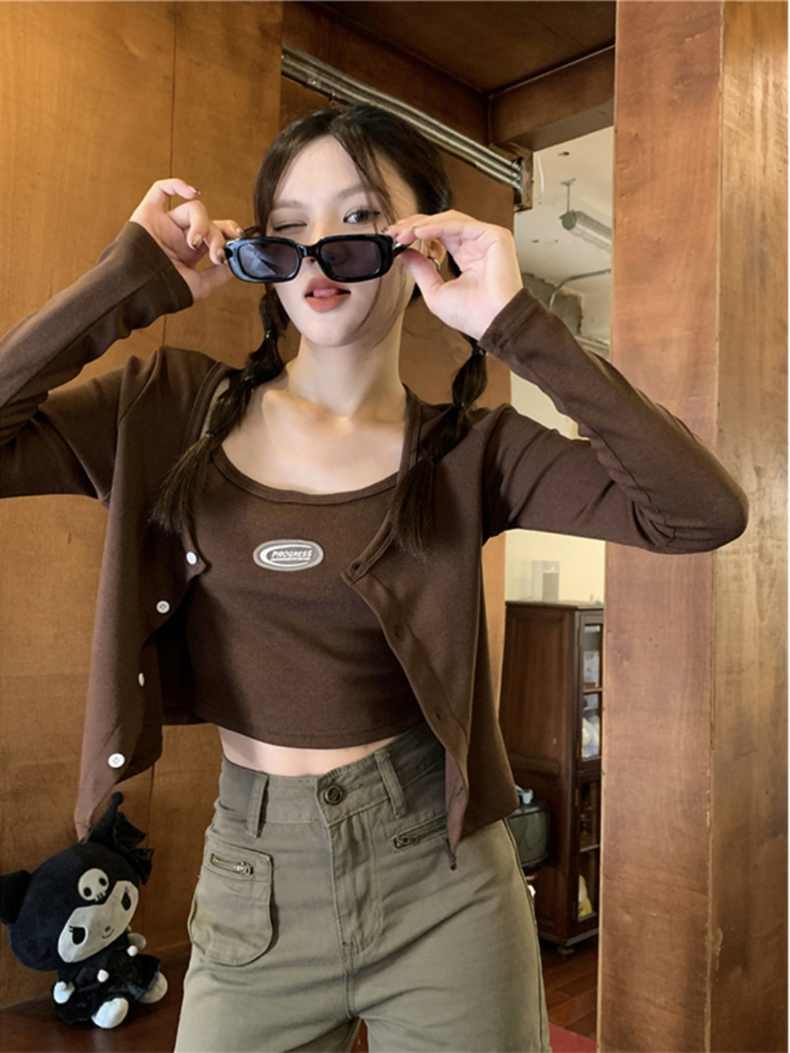辣妹短款上衣女秋季薄款純色開衫新款網紅修身顯瘦長袖外套兩件套