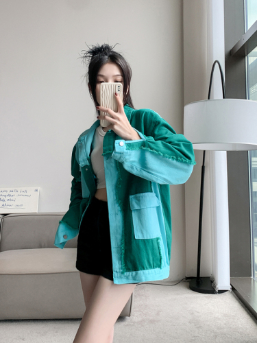 Real shot~Loose color-blocked denim jacket for women, new autumn fashion, foreign style, age-reducing design, trendy top