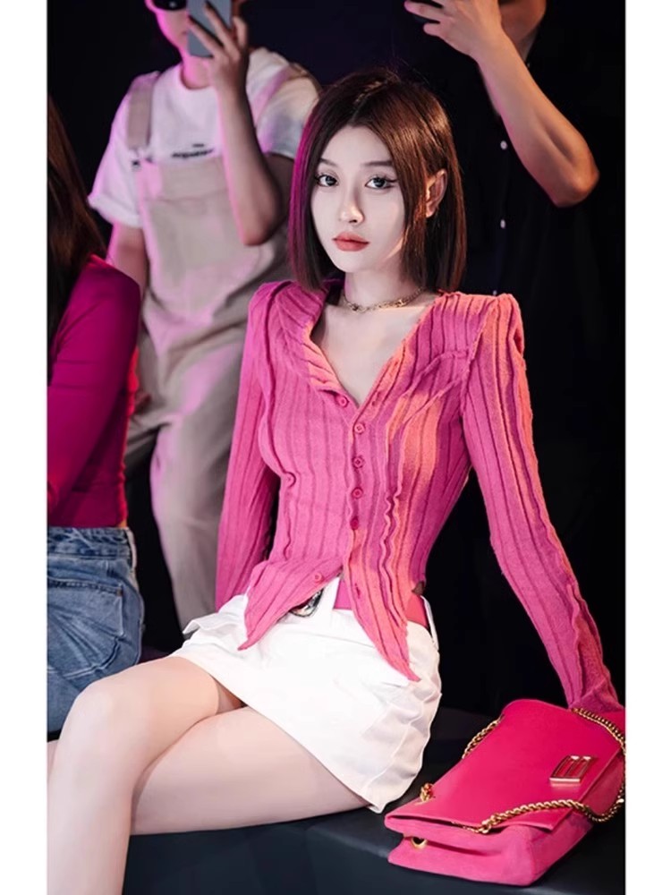 Alice W花花家甜酒開衫純欲修身顯瘦設計感直角肩不規則針織衫