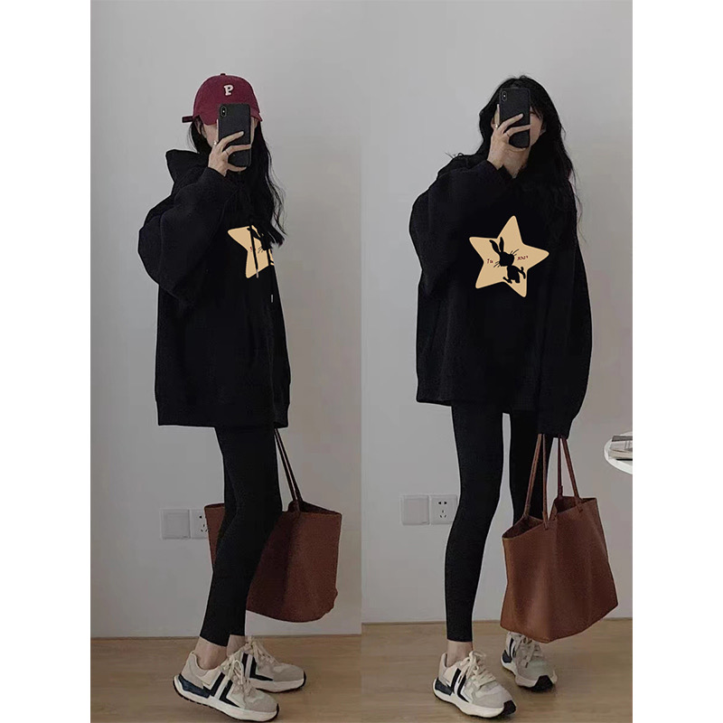加絨連帽衛衣女裝2023秋冬季新款黑色hiphop寬鬆慵懶風上衣