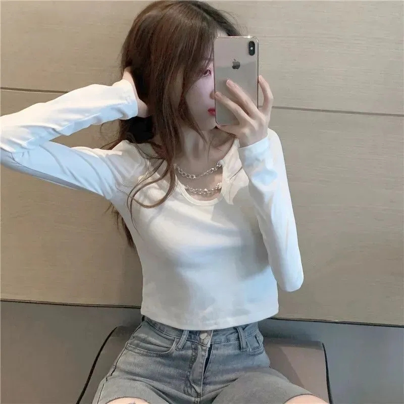 Modal Korean style design navel-baring chain short T-shirt slimming bottoming shirt long sleeves