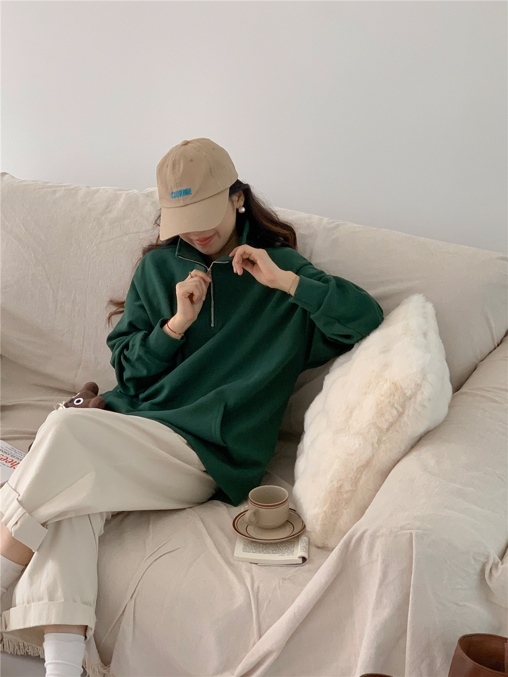 實拍 翻領拉鏈紐帶寬鬆百搭慵懶風衛衣