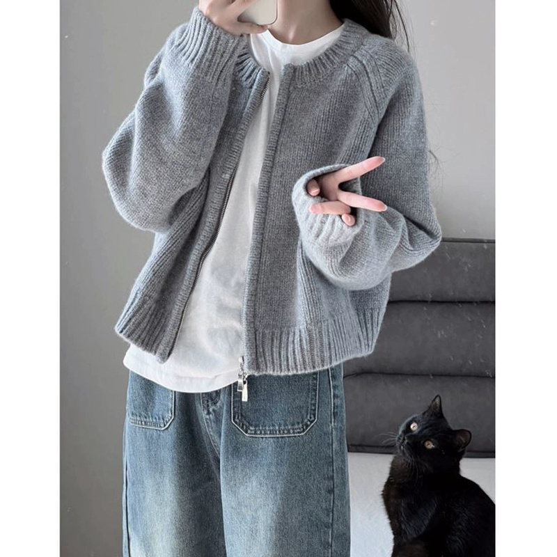Cashmere 4-strand soft waxy sweater gray knitted cardigan jacket for women small fragrant style short zipper top