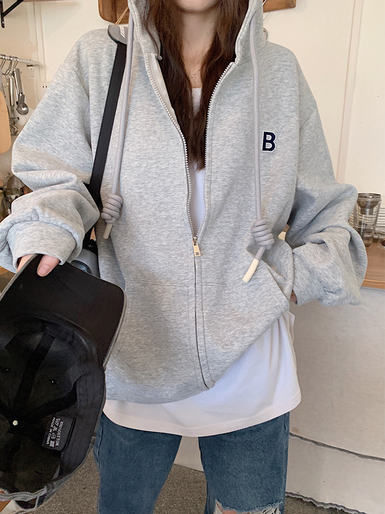 大魚鱗260克100%聚酯纖維 薄款衛衣女連帽字母刺繡 後包條雙層帽