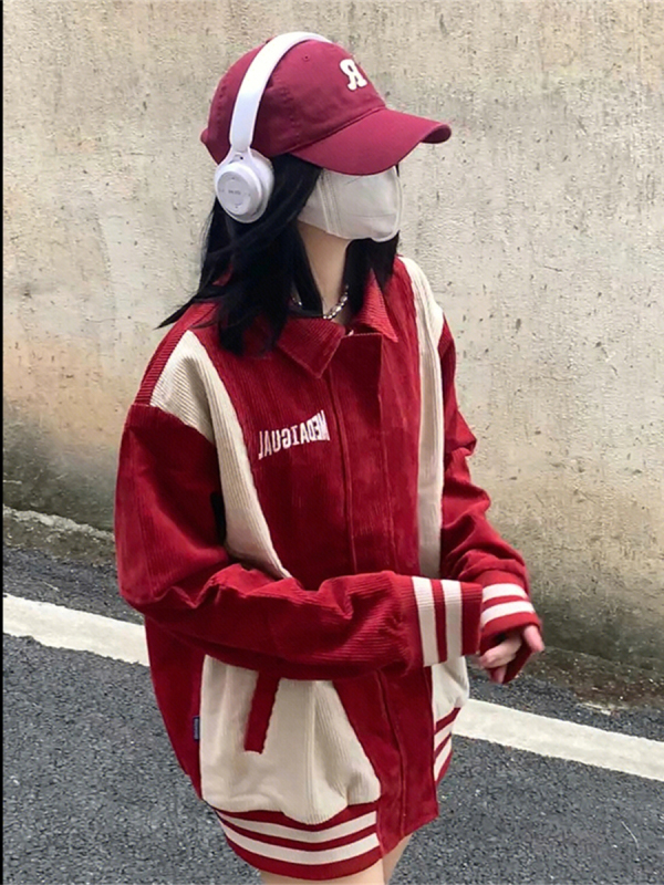 歐美復古拼撞色燈芯絨棒球服外套女ins潮牌寬鬆情侶休閒夾克秋季
