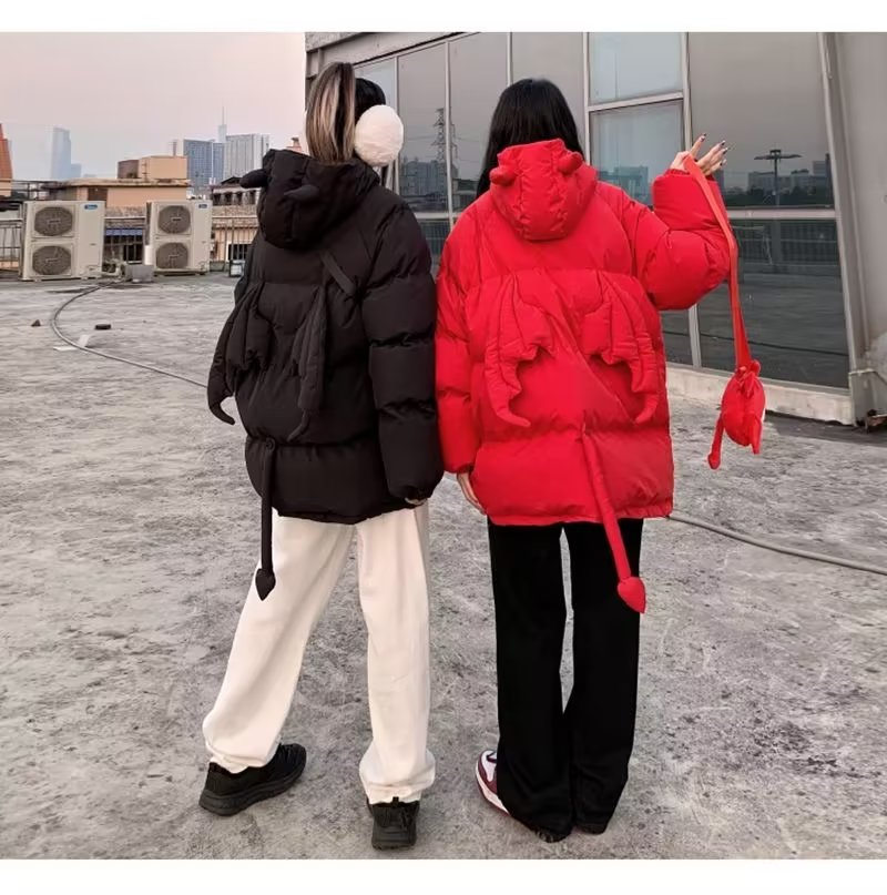 潮牌設計高街小惡魔公仔連帽棉服加厚保暖oversize寬鬆麵包服棉