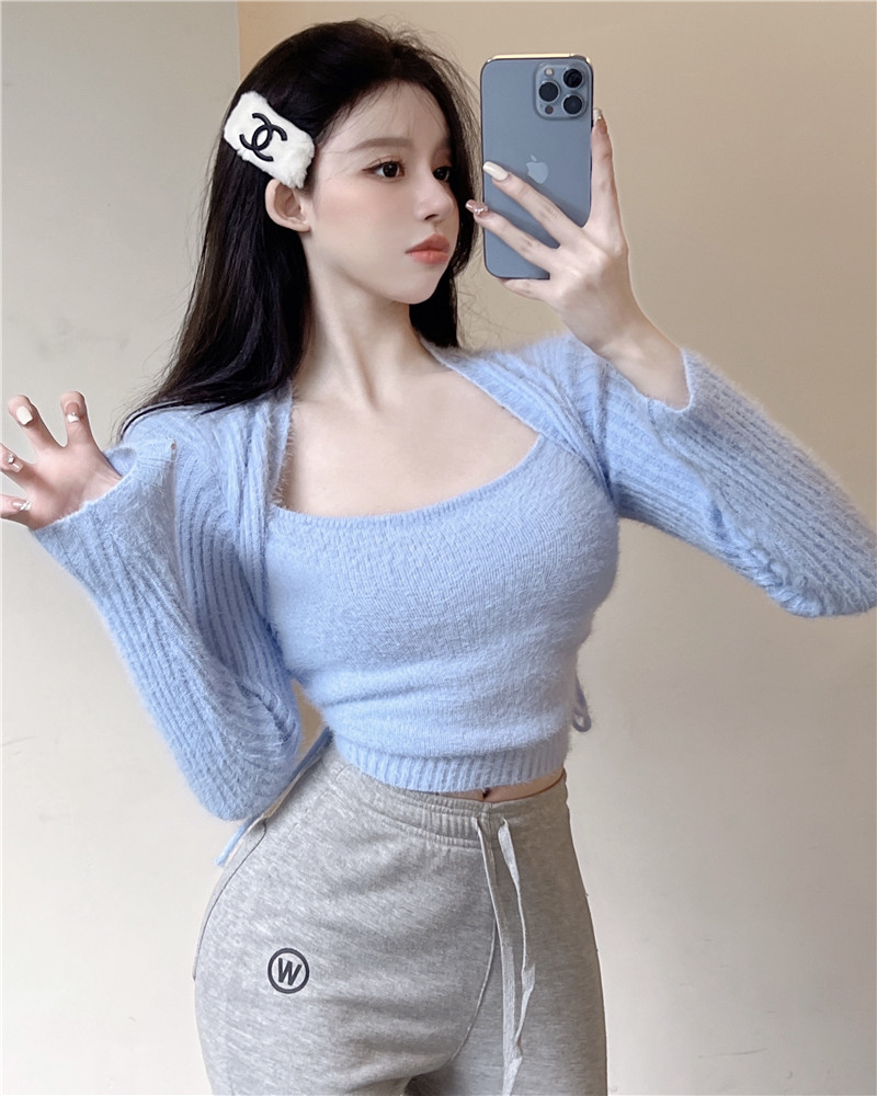 實拍 軟糯少女感方領修身顯瘦抽繩短款水貂毛上衣