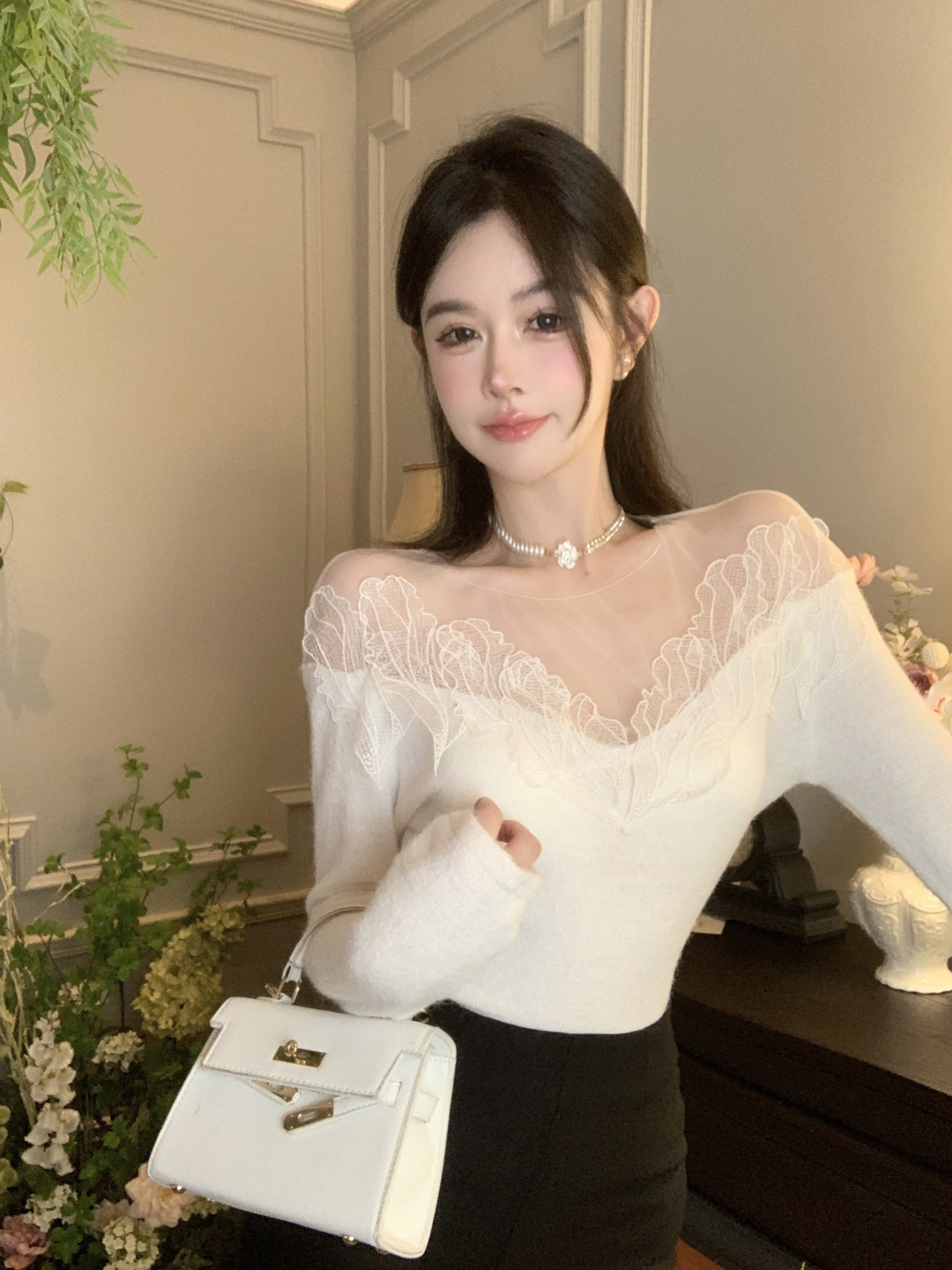 實拍  氣質上衣高級感拼接蕾絲網紗純欲修身長袖針織衫