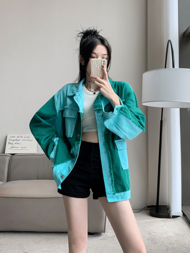 Real shot~Loose color-blocked denim jacket for women, new autumn fashion, foreign style, age-reducing design, trendy top