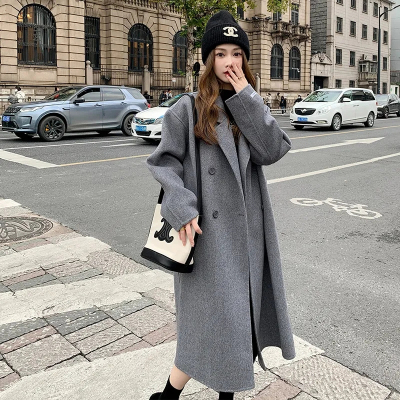 赫本風2023秋冬新款灰色羊絨大衣女韓版寬鬆中長款龍鳳毛呢外套厚