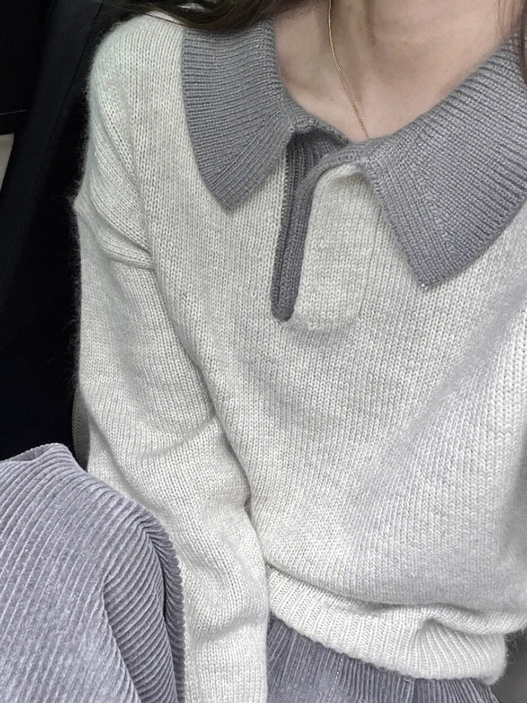 Sheep cashmere #gray polo collar raccoon velvet sweater for women early autumn inner short style lazy style lapel knitted