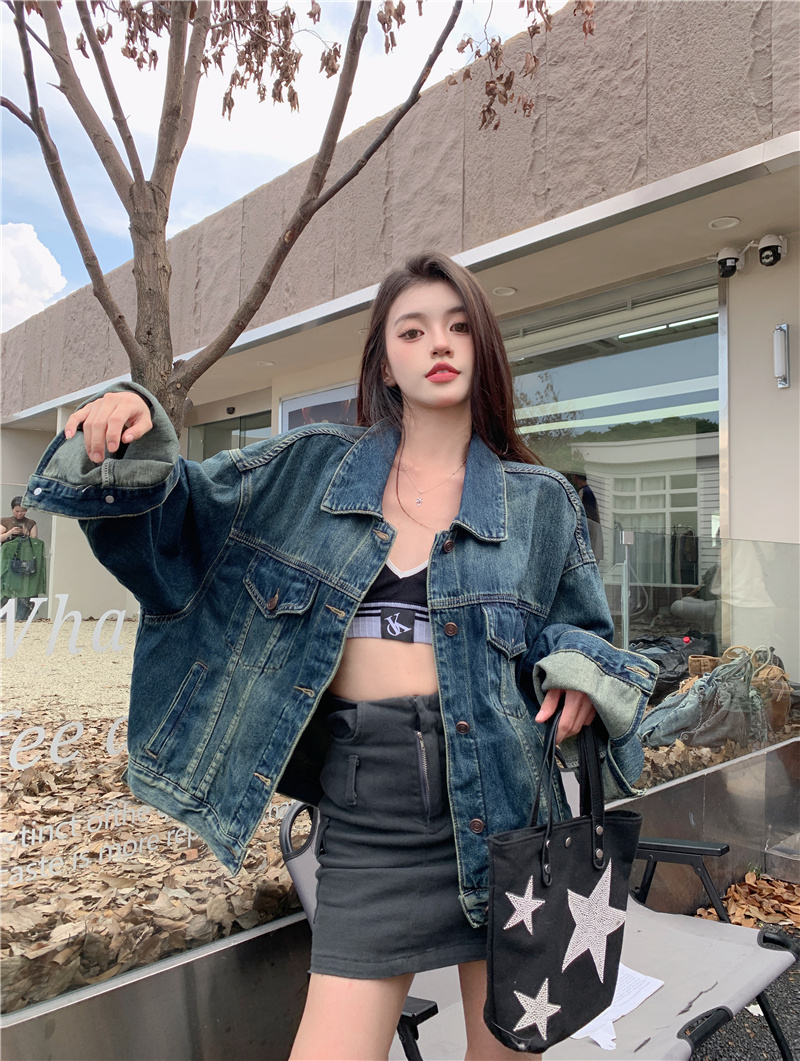 Real shot~New loose washed gradient color top retro cocoon-shaped wide-sleeved denim jacket for women