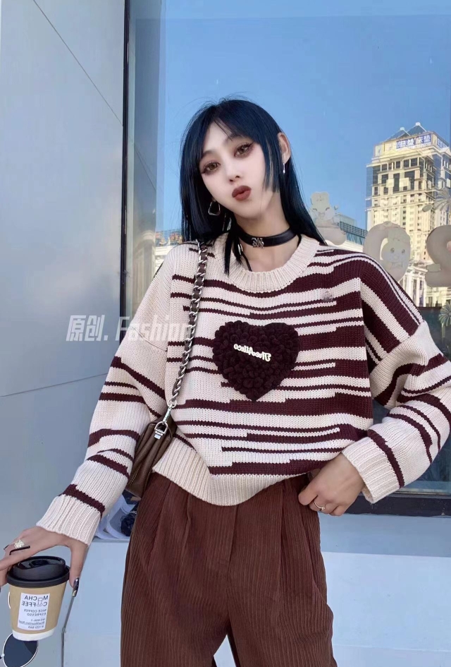 2023 Comfortable Lazy Style Long Sleeve Sweater Autumn New Striped Versatile Sweater Women's Wool Embroidered Top
