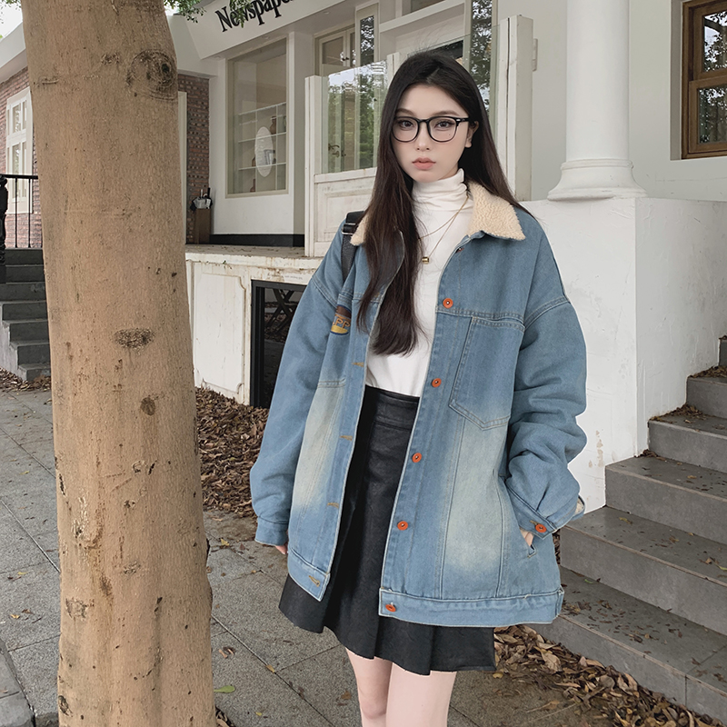 ~復古刺繡羊羔毛牛仔外套女秋冬情侶加絨加厚棉服夾克
