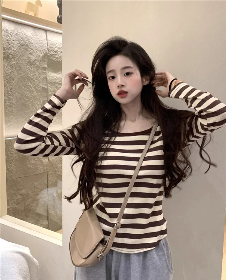 95 cotton 5 spandex Korean style slim fit pure cotton striped round neck long-sleeved T-shirt for women