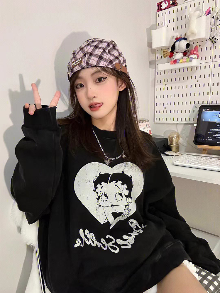 韓國新款華棉複合薄款310克/加絨410克 秋冬裝衛衣女印花寬鬆大碼
