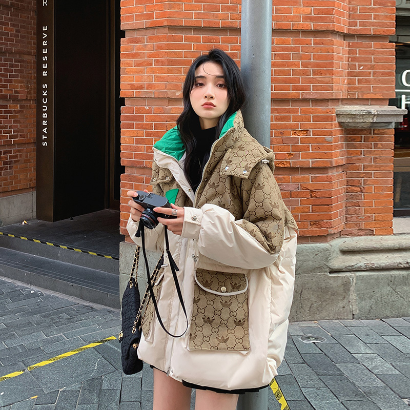港風復古羽絨服女冬季2023新款設計感拼接收腰抽繩顯瘦白鴨絨外套